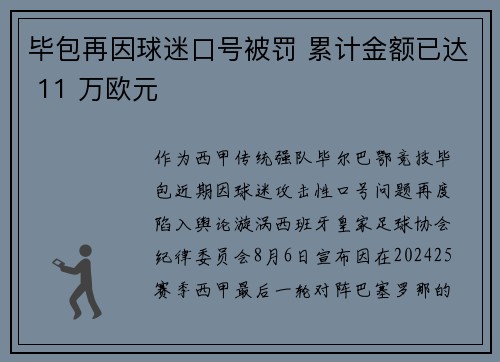 毕包再因球迷口号被罚 累计金额已达 11 万欧元