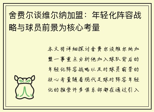 舍费尔谈维尔纳加盟：年轻化阵容战略与球员前景为核心考量