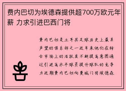 费内巴切为埃德森提供超700万欧元年薪 力求引进巴西门将