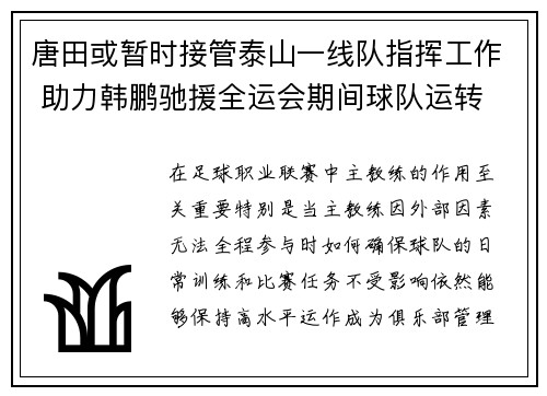 唐田或暂时接管泰山一线队指挥工作 助力韩鹏驰援全运会期间球队运转