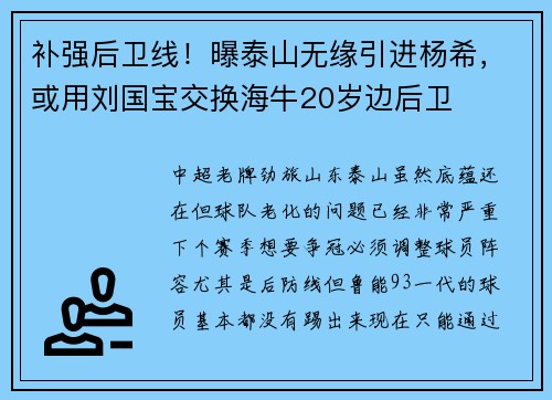 补强后卫线！曝泰山无缘引进杨希，或用刘国宝交换海牛20岁边后卫